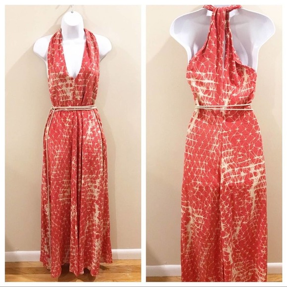 Gryphon Silk Rope Halter Maxi Dress Coral Medium - Picture 3 of 10